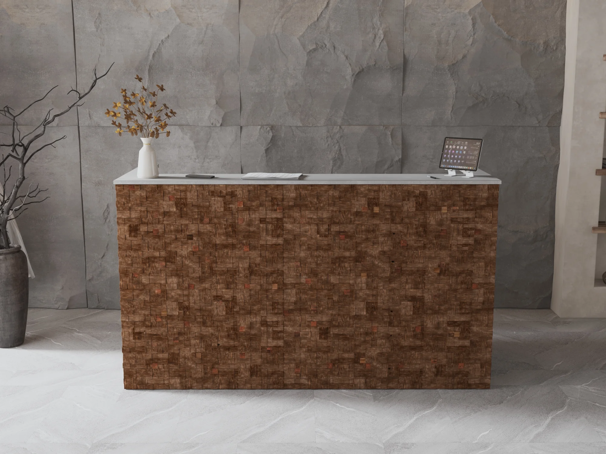 Lada recepcyjna z drewnem